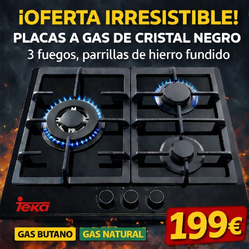 Placa de cocina a gas negra de tres fuegos