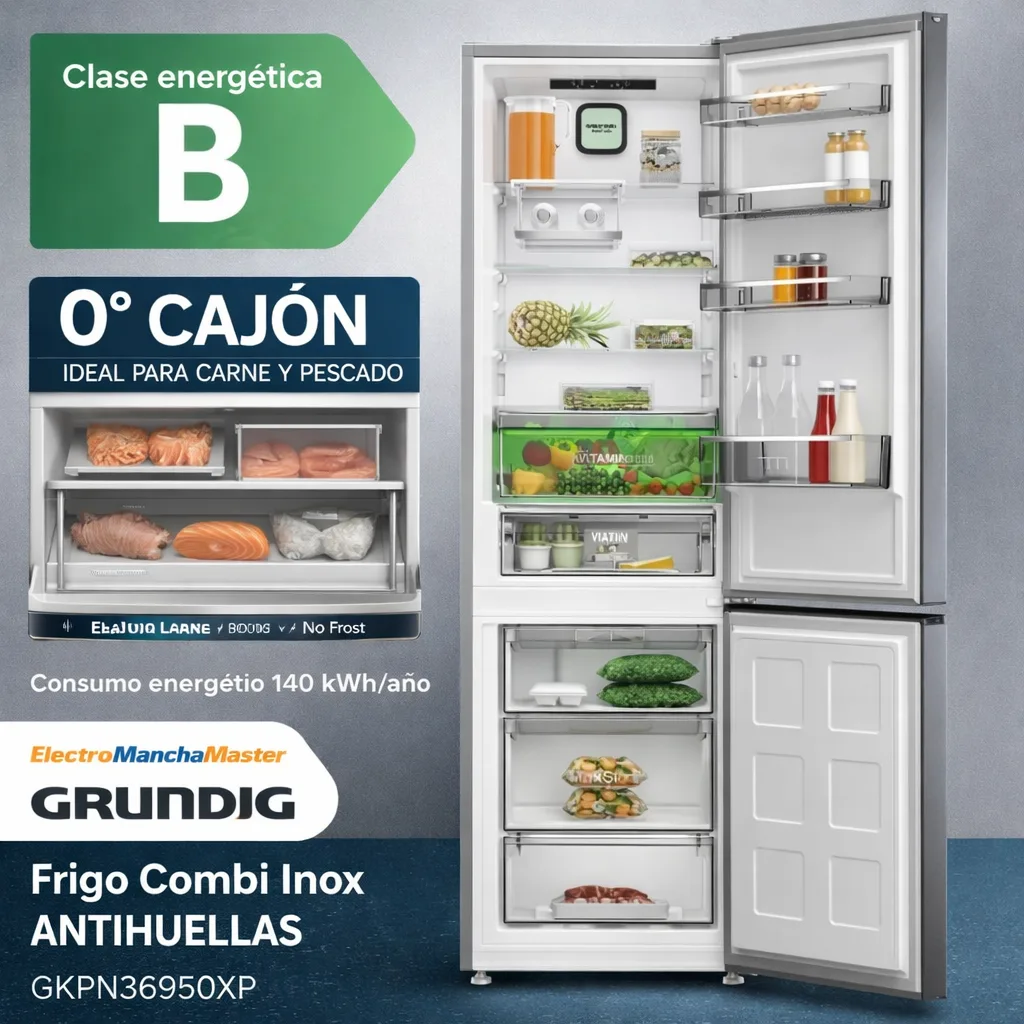 Refrigerador Grundig combi inox con alimentos frescos