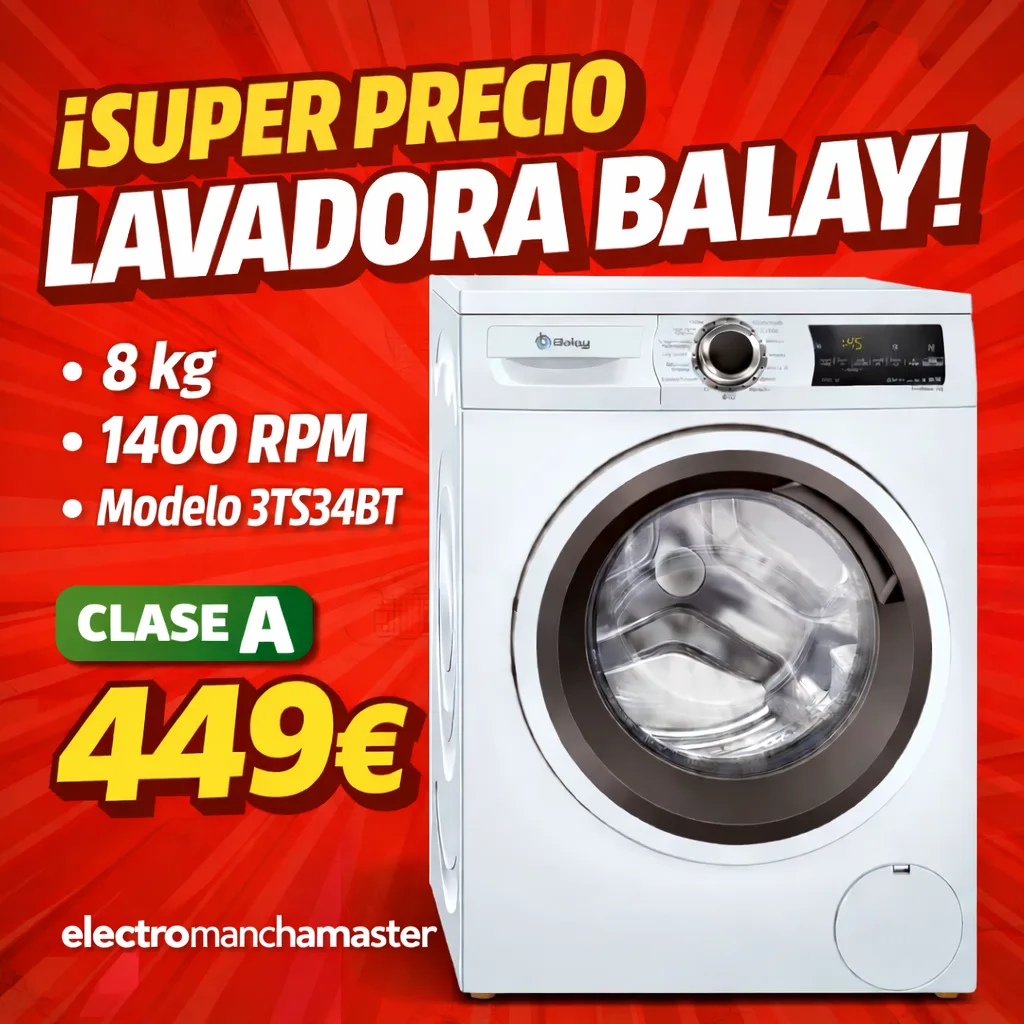 Lavadora Balay blanca con especificaciones técnicas y precio en euros